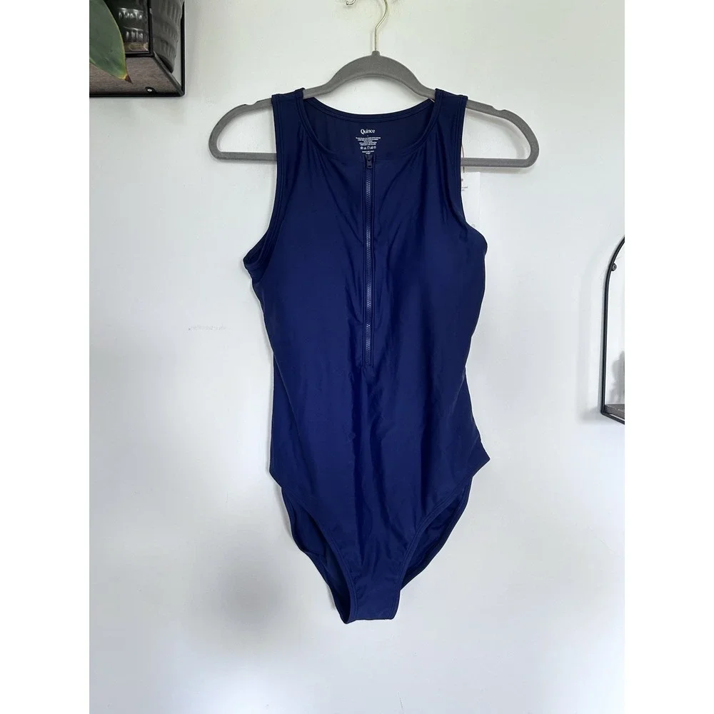 NWT Quince Deep Navy Italian Zip-Front One-Piece Swimsuit Size Large